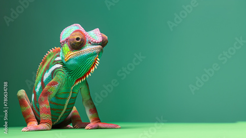 Chameleon posing on green color background. Generative ai.