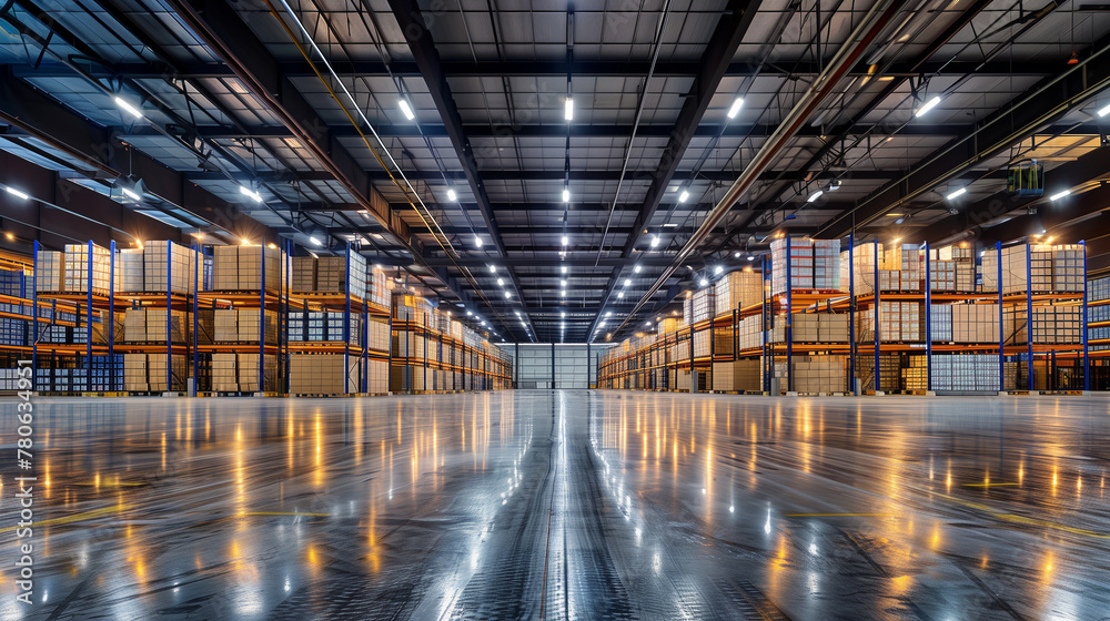 A large warehouse with many shelves and boxes. This space is very open and bright. with a lot of light shining on the ground The atmosphere is industrial and functional. Focusing on storage space A large warehouse with many shelves and boxes. This space is very open and bright. with a lot of light shining on the ground The atmosphere is industrial and functional. Focusing on storage space