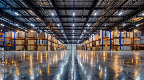 A large warehouse with many shelves and boxes. This space is very open and bright. with a lot of light shining on the ground The atmosphere is industrial and functional. Focusing on storage space