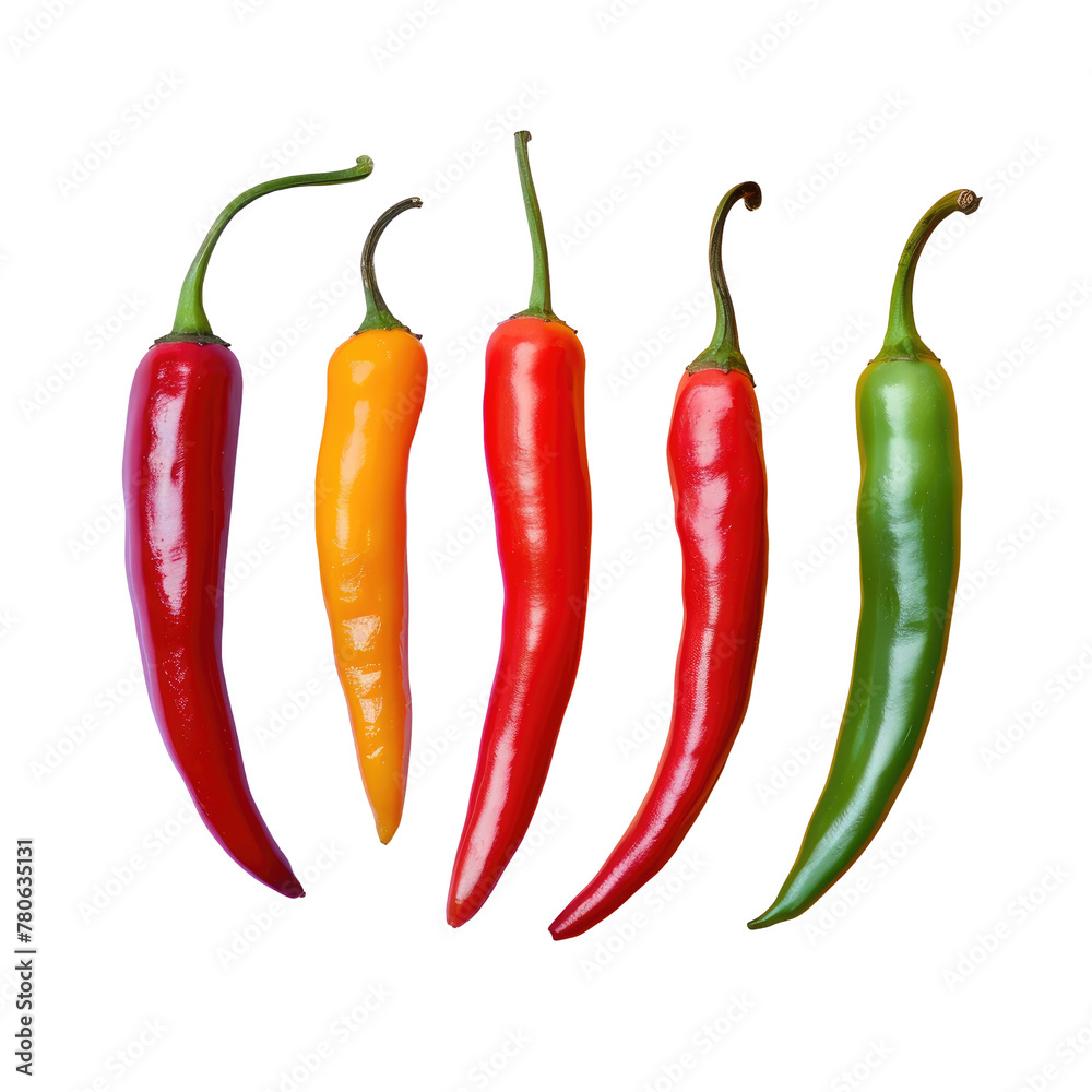 Colorful chili peppers on transparent background, essential ingredients for spicy food