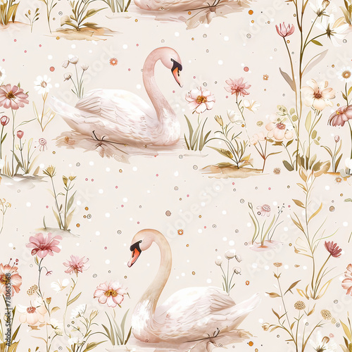 Lovely, pretty watercolor pattern of swans and flowers, leaves. For fabric, silk, printing.