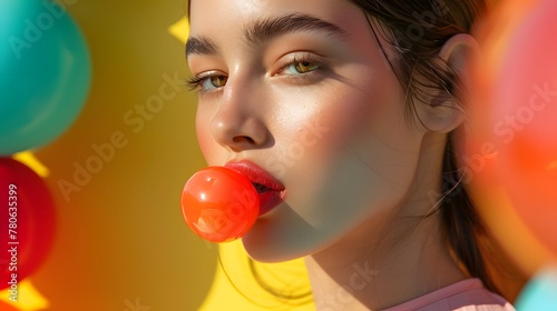 A smiling brunette woman with red lipstick holds a bunch of colorful bubble gums