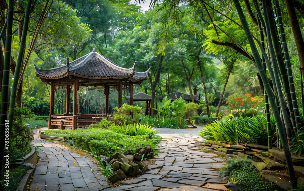 Pavilion in the bamboo forest in the park,created with Generative AI tecnology. Pavilion in the bamboo forest in the park,created with Generative AI tecnology.
