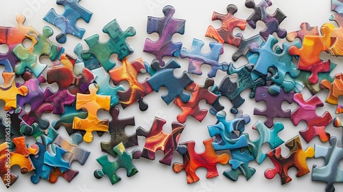 A pile of colorful jigsaw puzzle pieces on a white background
