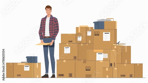 A man stands in front of a pile of boxes