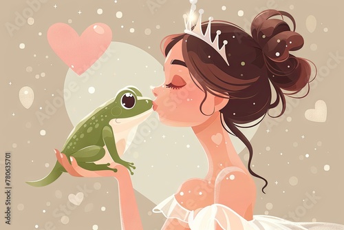 Princess kissing the frog on her hand with a heart in the background. The princess is wearing a white gown and tiara. She has brown hair. Cartoon simple style