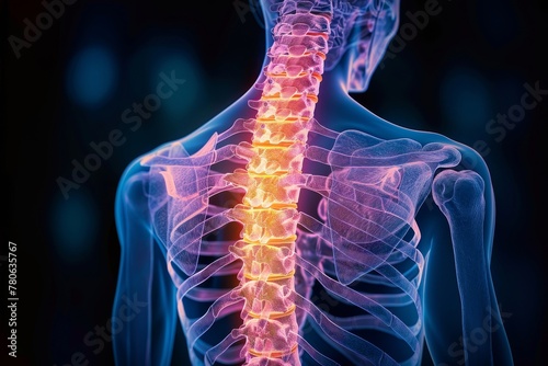 High-resolution digital medical illustration depicting the spine's anatomy with an illuminated, transparent effect on a blue background photo