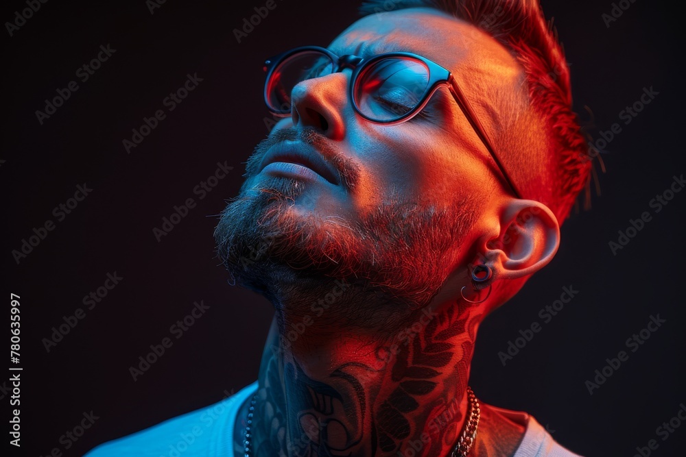 A cropped view of a person from behind showcasing the intricate tattoo patterns on the neck under vibrant neon lighting