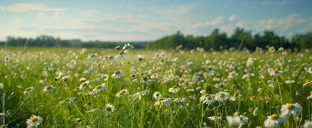Fototapeta premium Panoramic floral background, web banner with chamomile flowers field, panoramic view on wildflowers spring meadow in sunrise, natural view, AI generated image