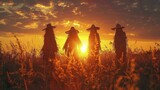 As the sun dips below the horizon, scarecrows stand tall, protectors of the golden autumn fields.