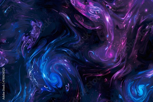 An abstract cosmic swirl of blue and purple hues with twinkling star-like specks, evoking the vastness of a galaxy. photo