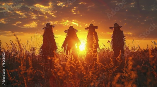 As the sun dips below the horizon  scarecrows stand tall  protectors of the golden autumn fields.