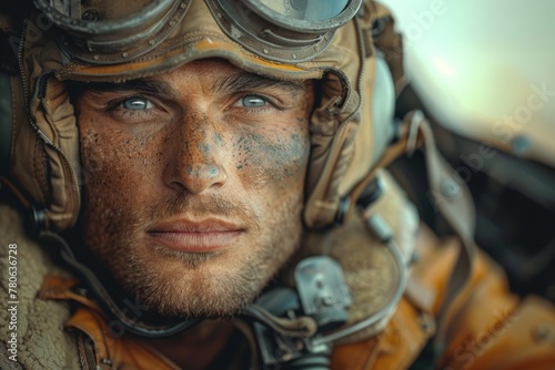 Detailed shot of a young male pilot with dirt on his face and vintage pilot goggles and helmet photo