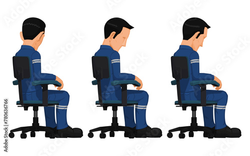 Set of industrial worker on swivel chair on white background