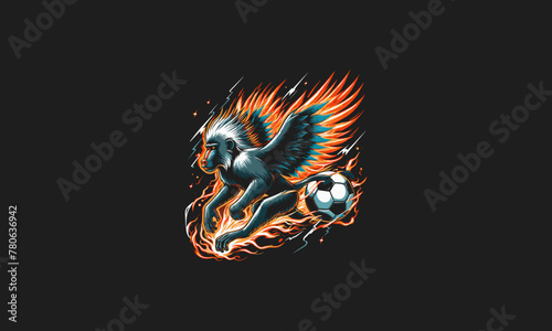 baboon playing soccer with wings and flames lightning vector design