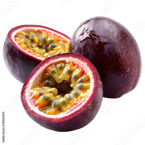 Whole and Halved Passion Fruits
