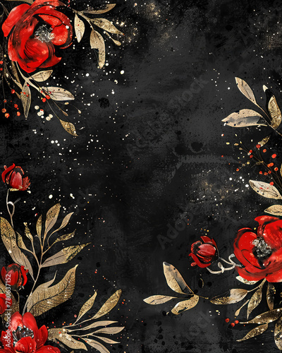 Watercolor Black Gold Red Floral Background with Copy Space