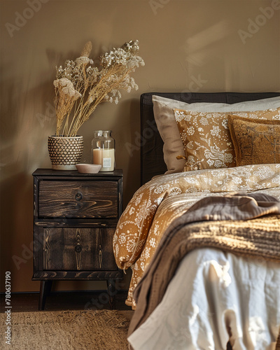 luxury bedroom, accent bedside cabinet in brown and ochra colors