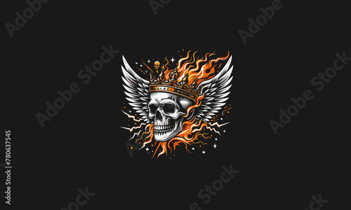 head skull wearing crown with wings flames lightning vector design