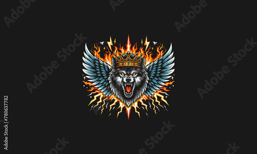 head wolf wearing crown angry with wings flames lightning vector design