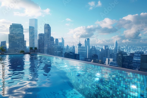 Infinity pool overlooking city skyline with skyscrapers