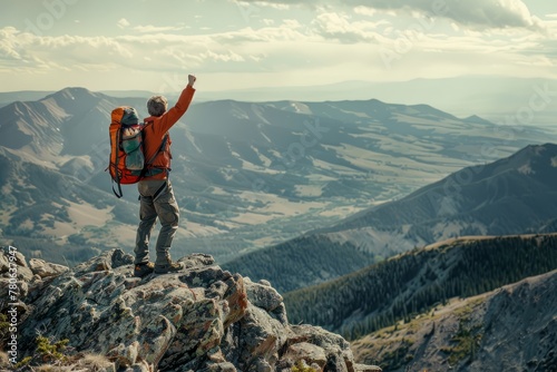 A man wearing a backpack triumphantly stands atop a mountain, raising his fist in victory