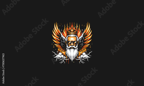 old man wearing crown with wings flames lightning vector design