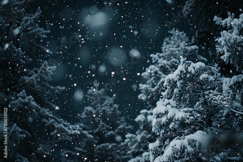 A close-up of snow-covered trees in a dark  snowy forest during the night