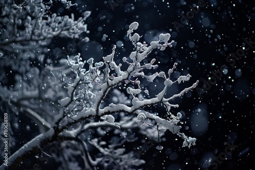 A close-up view of a snow-covered tree branch laden with thick snow, set against a dark backdrop resembling nighttime