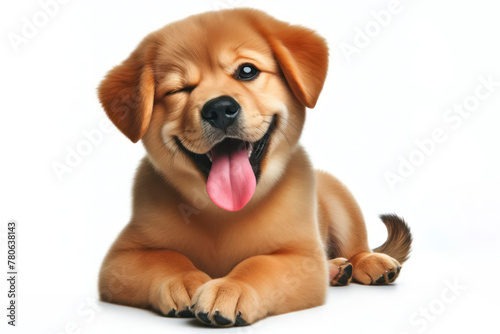 full body Dog winking and sticking out tongue isolated on white background
