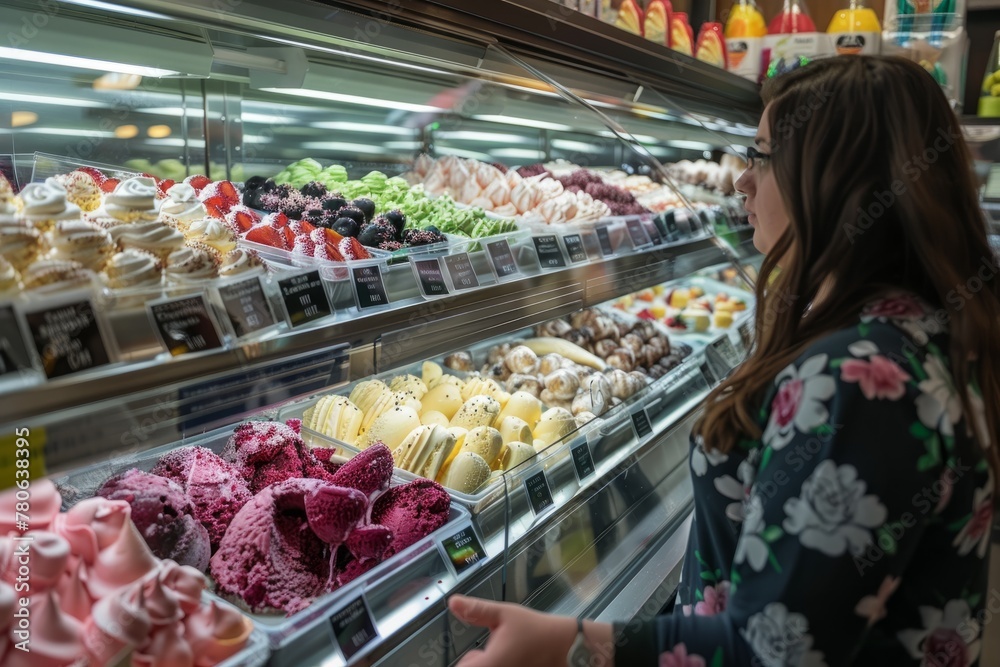 A woman stands in front of a colorful gelato display in a store, examining the array of flavors and options