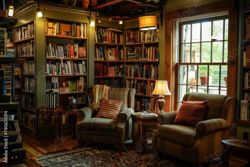 A living room brimming with books and various furniture pieces, creating a cozy and inviting atmosphere