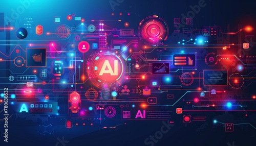 Digital illustration of AI technology on blue background with laptop app icons and web design elements, Generated by AI