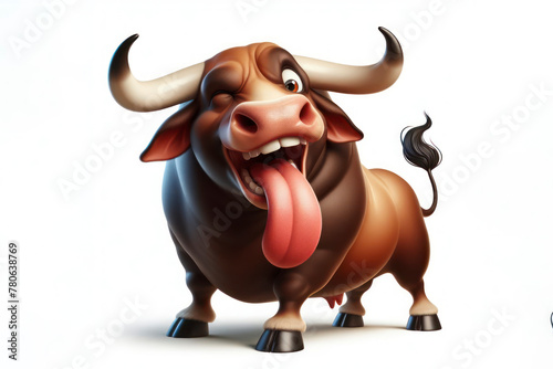 full body bull winking and sticking out tongue isolated on white background