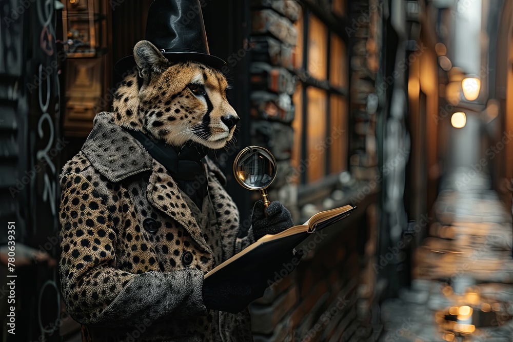 A cheetah dressed as a detective, investigating a mystery in a noir-style alleyway with a magnifying glass A cheetah dressed as a detective, investigating a mystery in a noir-style alleyway with a magnifying glass