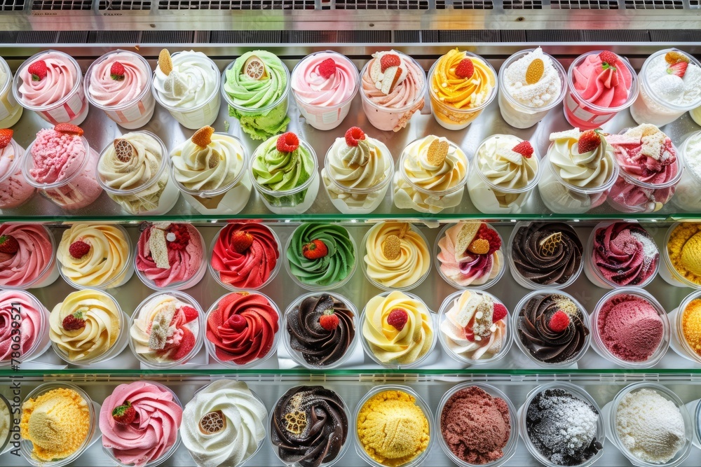 A display case filled with various colored and flavored cupcakes