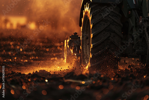 Close-Up of Tractor Plow at Work in the Field, Soil and Sparks Flying in Warm Evening Light