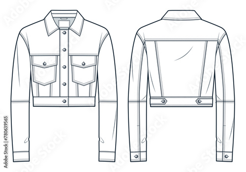 Denim Jacket technical fashion Illustration. Leather Crop Jacket fashion flat technical drawing template, button closure, pockets, relaxed fit, front, back view, white, women, men, unisex CAD mockup.