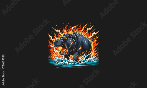 hippo with flames vector angry flat design