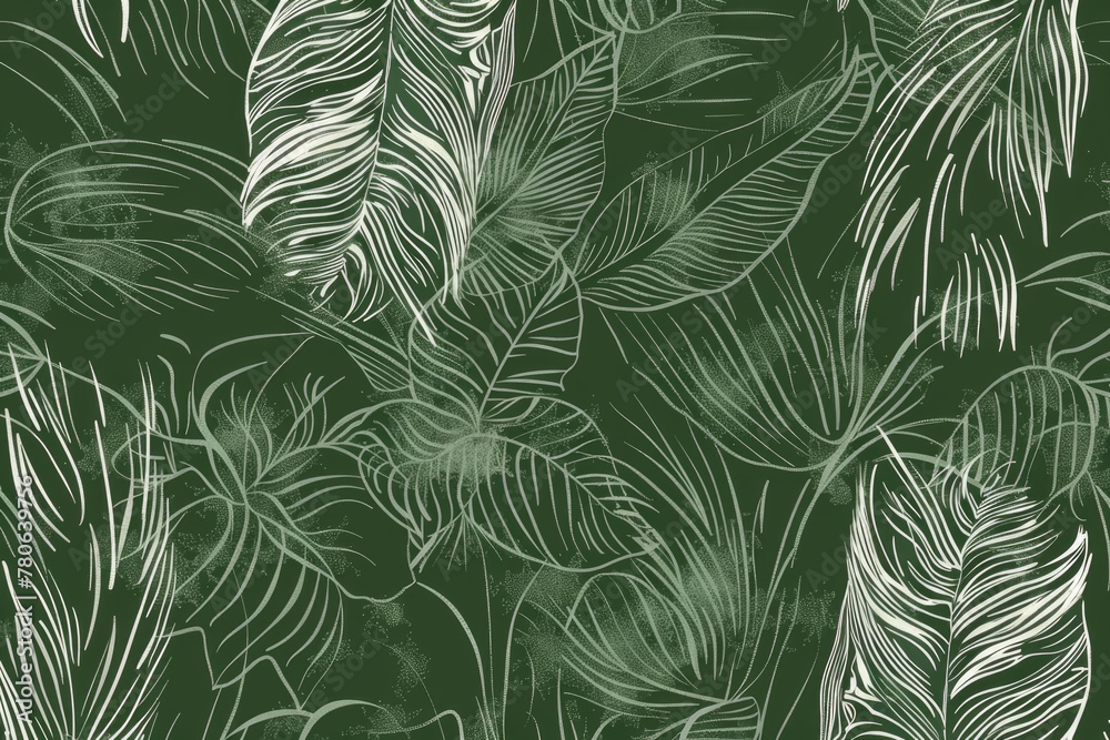 A green and white leafy patterned background with a white
