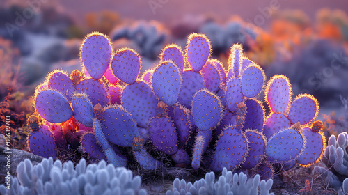 A vibrant purple color of prickly pear Baby Rita cactus in the middle of a desert photo