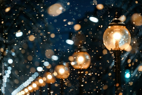 A street light covered in snow sits next to a clear street light, with snowflakes falling past in the background