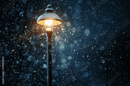 A street lamp shines brightly amidst falling snowflakes on a winter night