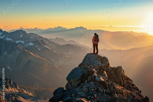A lone hiker stands triumphantly on a mountain summit during sunset, gazing into the distance © Ilia Nesolenyi