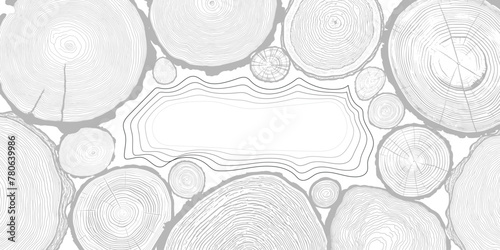 Frame made of log cut, seamless pattern, vector banner, tree rings pattern, shades of gray  © Valerii