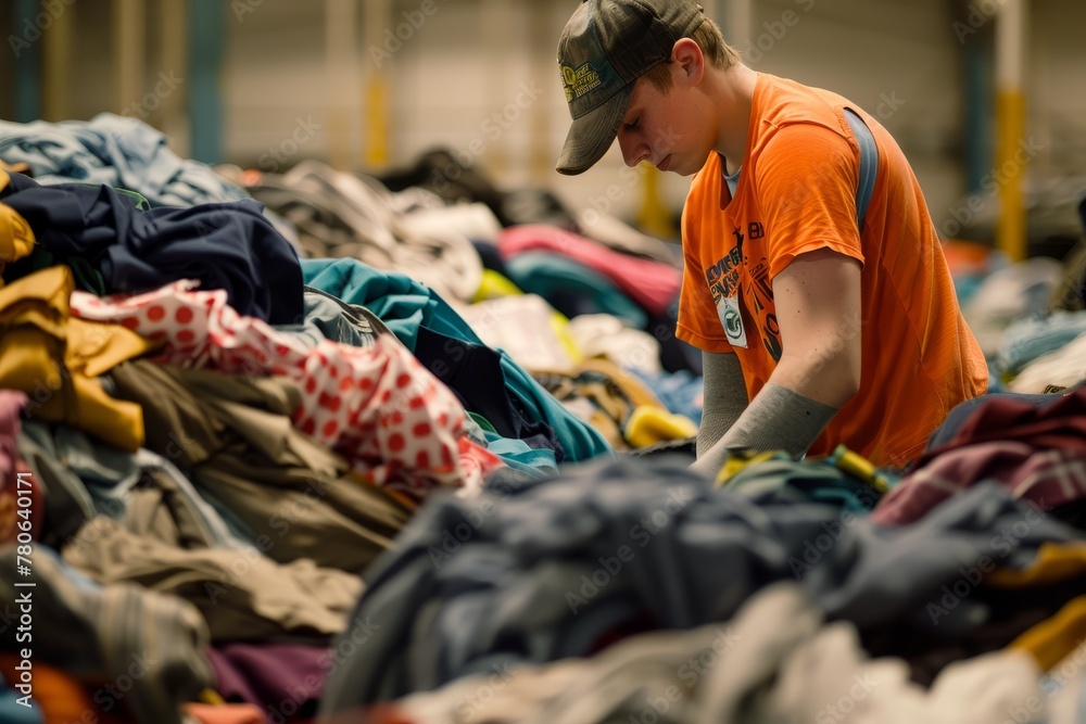 A man is standing over a pile of clothes, sorting them by color and fabric