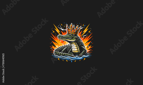 crocodile wearing crown with flames and lightning vector design