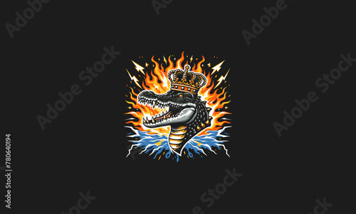 crocodile wearing crown with flames and lightning vector design