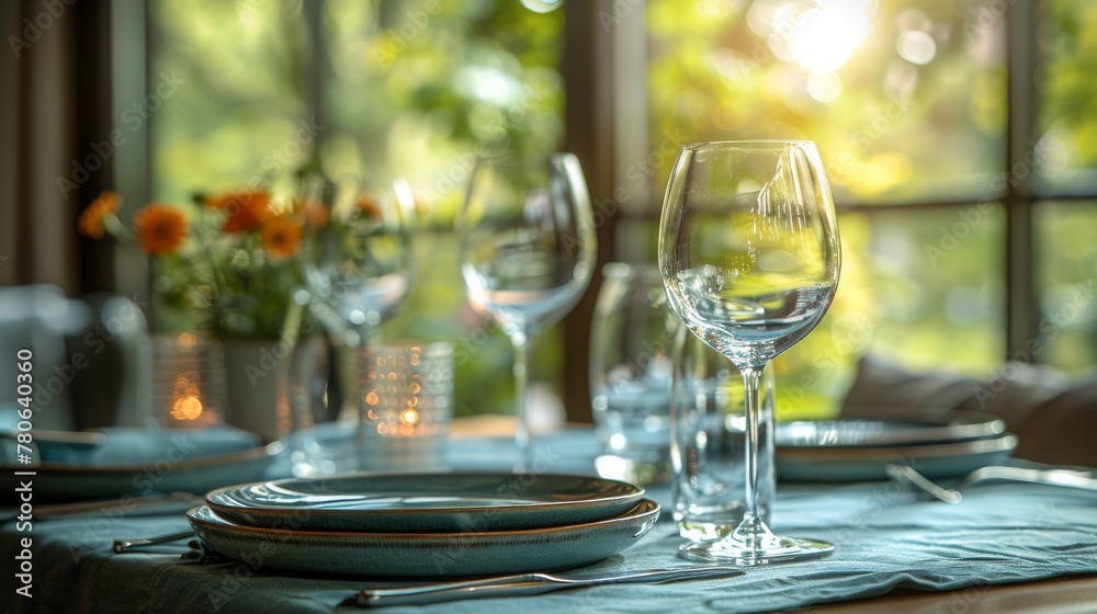 Setting with blue tablecloth and ceramic plates, wine glasses, and water glasses
