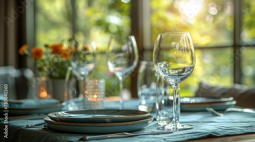 Setting with blue tablecloth and ceramic plates  wine glasses  and water glasses